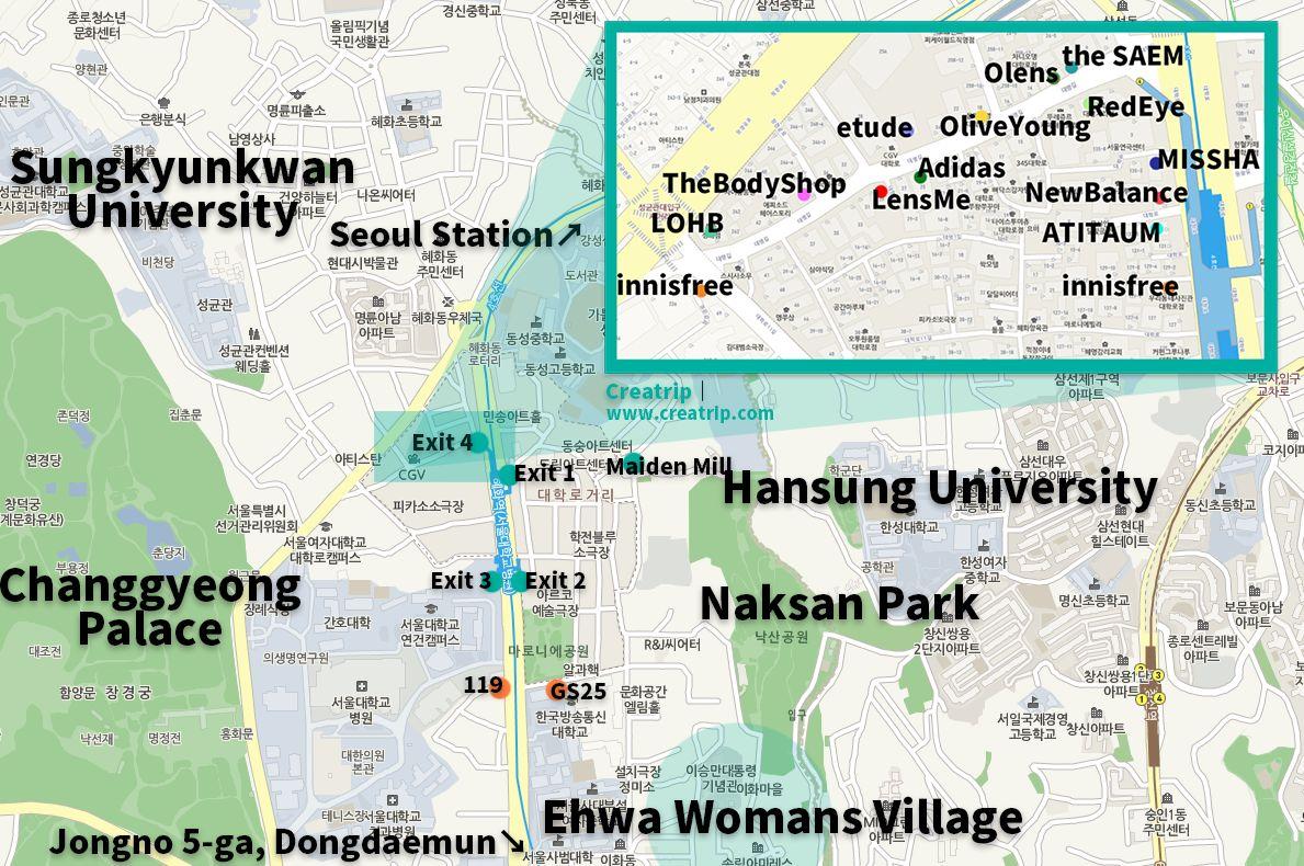 University Road shopping map showcasing trendy shopping districts and entertainment spots frequented by students in Seoul.